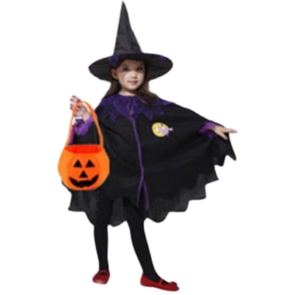 Häxkostym för flickor Svart katt trollkarl cosplay kostym set Flickor Halloween karneval fest häxkappa（Kappa+hatt+pumpaväska） Cloak+Hat+Pumpkin Bag 130cm