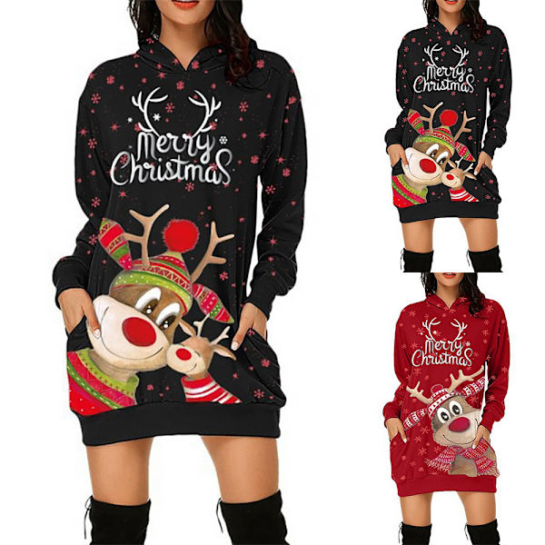 Glad Jul Dam Reindeer Tryckt Hoodie Tröja Mini Klänning Jul Red S