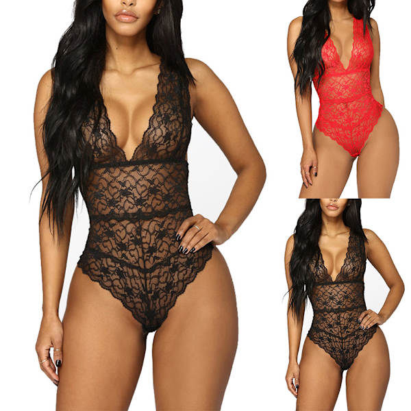 Damernas genomskinliga spetsbody Babydoll Lingerie Genomskinlig underkläder Nattkläder Red M