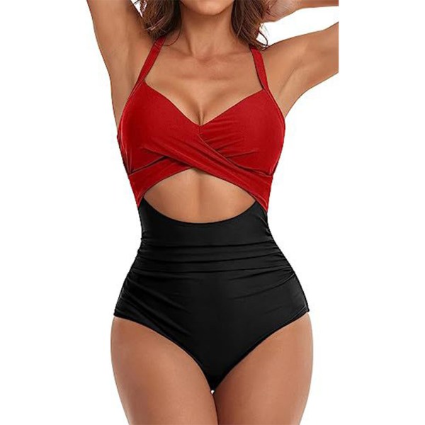Simdräkt i ett stycke för kvinnor ihålig Monokini baddräkt sommar Red+black 2XL