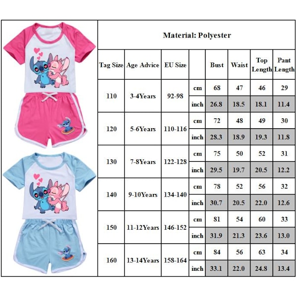 Barn Flickor Pojkar Lilo & Stitch Tryckt Kortärmad T-shirt+shorts Sport Outfit Set Flickor Träningsdräkt Rose Red 110cm