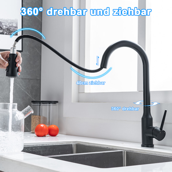 Køkkenarmaturer, 3 knapper 2 tilstande, 360° drejelig, rustfrit stål Black