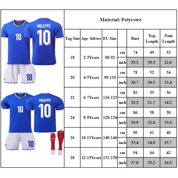 EM 2024 Hemma i Frankrike Tröja Barn Fotbollströja Set Nr .10 MABPPE Fotbollsträningsuniform 18