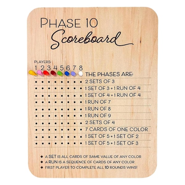 Phase 10 Pistetaulu, puinen Phase 10 pistetaulu ja kierrosten seuranta 2025