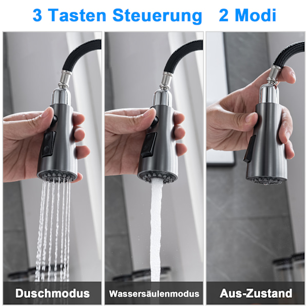 Køkkenarmaturer, 3 knapper 2 tilstande, 360° drejelig, rustfrit stål Grey
