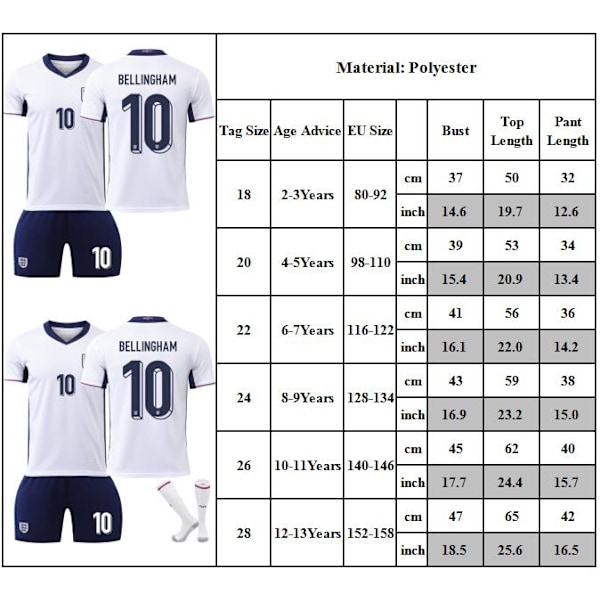 2024 EM-tröja Barn Fotbollströja Set Nr. 10 Bellingham Fotbollsträningsuniform 22