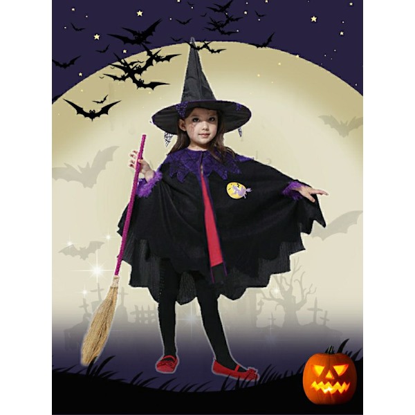 Häxkostym för flickor Svart katt trollkarl cosplay kostym set Flickor Halloween karneval fest häxkappa klänning（Kappa+hatt） Cloak+Hat 140cm