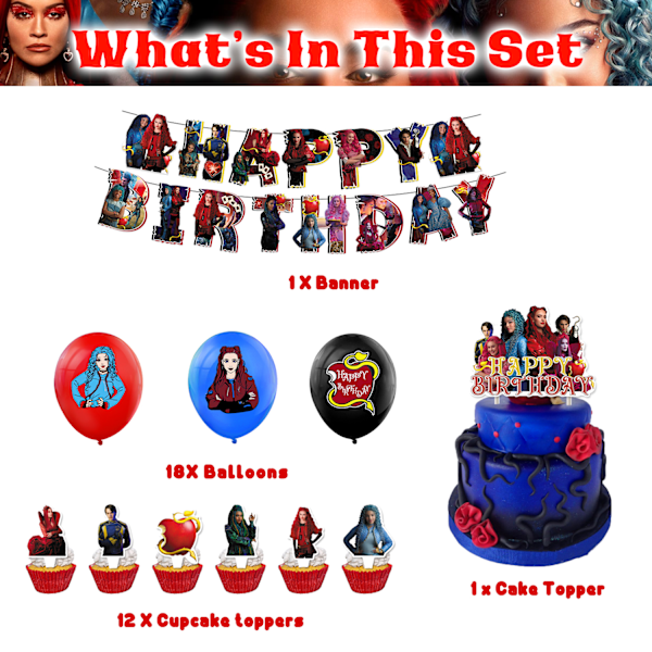 Descendants: The Rise of Red Födelsedagsfest Dekorationer Banner Ballonger Tårta Cupcake Toppers Set