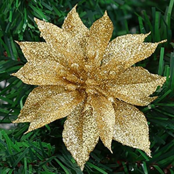 10 st julblommor Konstgjorda Blommor Julgran Fest Dekoration Ornament gold