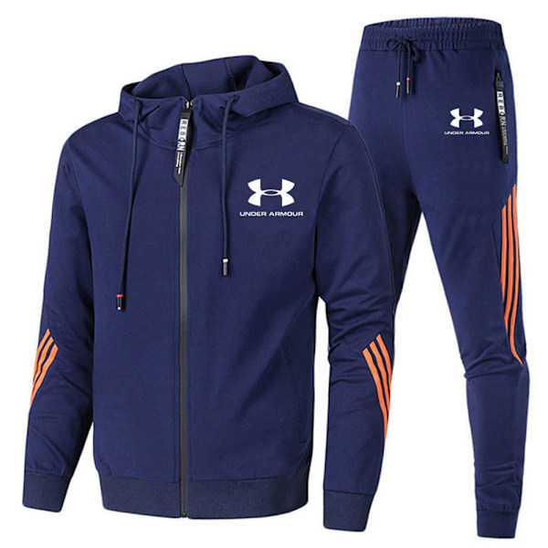 Männs Tracksuit 2-delad Höst Vinter Casual Solid Jogger Sport Gym Full Zip Jacka Sweatsuit Långärmad Huvtröja och Sweatpants Set Navy 2XL