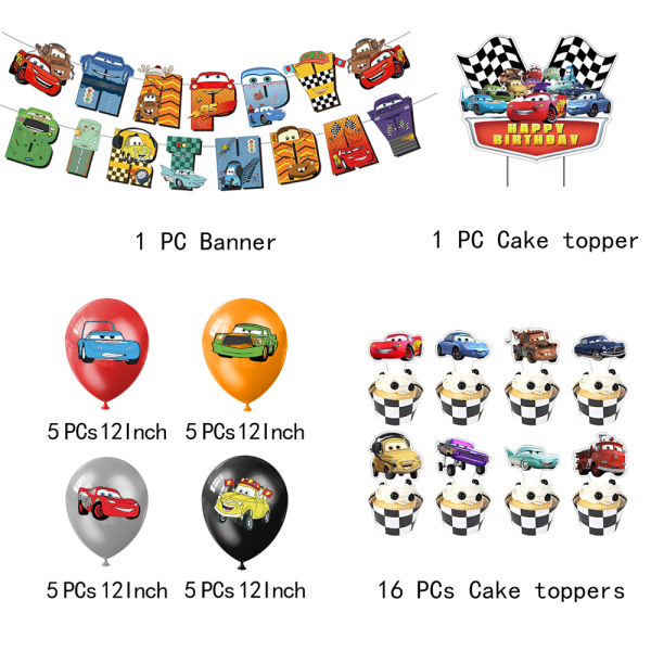 Racing Car Barn Födelsedagsfest Dekor banner Cake Topper Ballonger