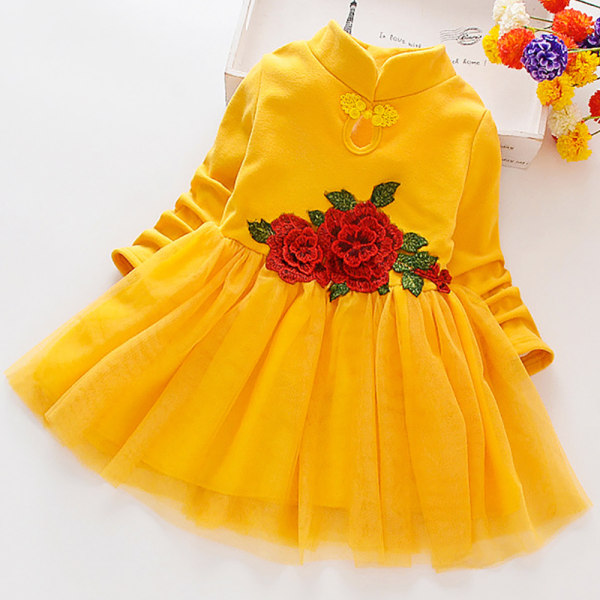 Flickor Barn Blomma Prinsessan Långärmad Tutu klänningar för bröllopsfest Yellow 100cm