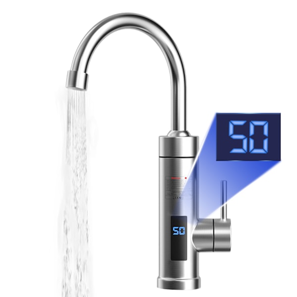 Elektrisk 30-60° vandhane med temperaturdisplay, rustfrit stål 304, 360° drejelig, husholdningsbrug, digitalt display, 3-sekunders opvarmning