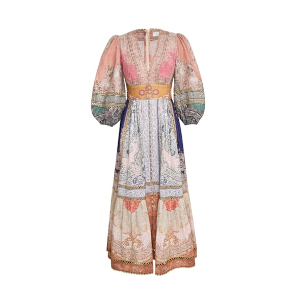 ANNEKE LANTERN MIDI KJOLE 2025 Sommer Ny Dame Mote Temperament Retro V-Hals Knyting Lykt Ermer Enkelkneppet Dame Lang Kjole S