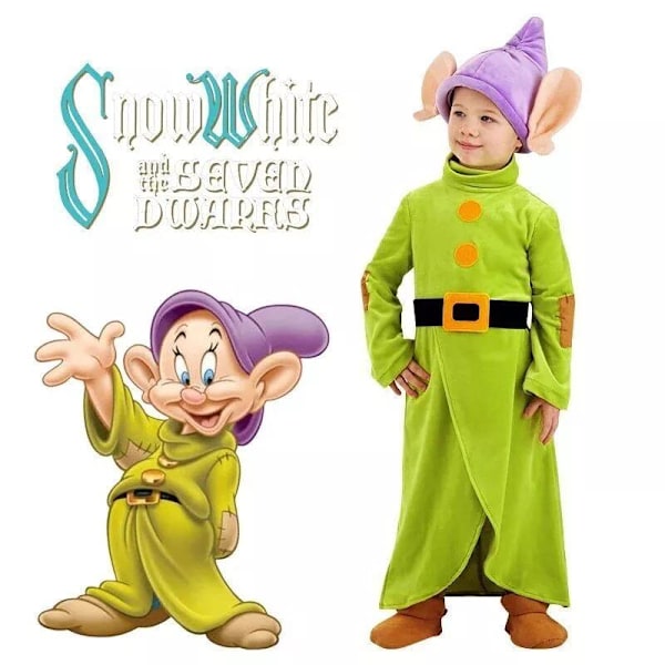 Barnens Snövit Dopey Kostym Cosplay Bodysuit med Hatt + Bälte + Strumpor Outfit Halloween Kläder för Barn 3-14 År XL