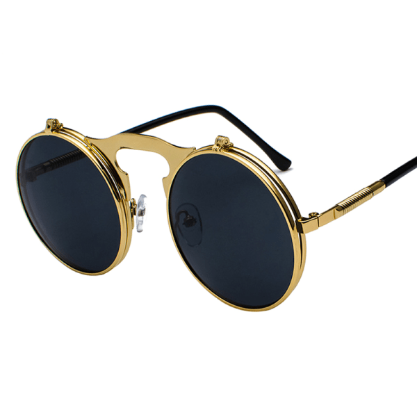 Unisex Solglasögon Metal Lennon Flip Up Len Runda glasögon Gold Frame Black Lenses