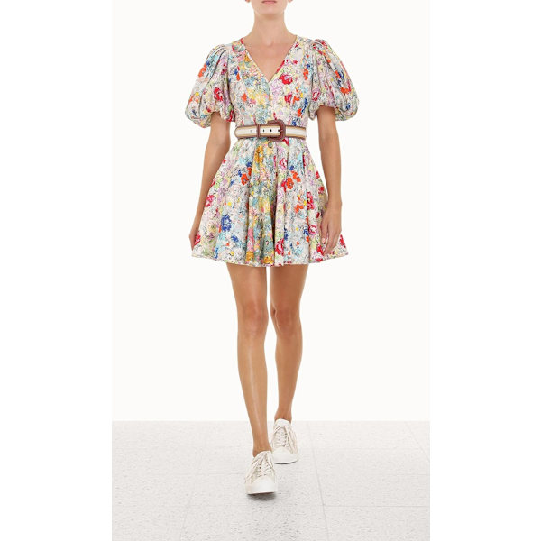CLOVER PANEL MINI KJOLE Dame Slips Slids Flæsehals Bobleærme Elastisk Talje Boho Blomsterkjole M