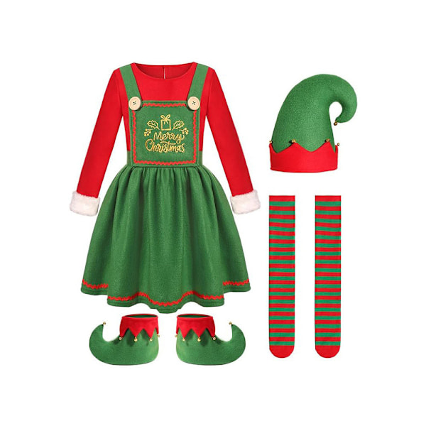 Jultomte Kostym för Vuxna, Pojkar, Flickor, Grön Elf Cosplay Klänning, Hatt, Strumpor, Set för Kvinnor, Nyår, Julfestkläder Girls L