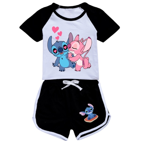 Barn Flickor Pojkar Lilo & Stitch Tryckt Kortärmad T-shirt+shorts Sport Outfit Set Flickor Träningsdräkt Black 130cm