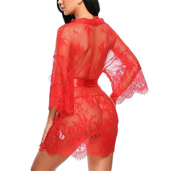 Kvinnors Spets Kimono Genomskinlig Robar Dam Sexig Lingerie Nattkläder Dressing Gown Red M