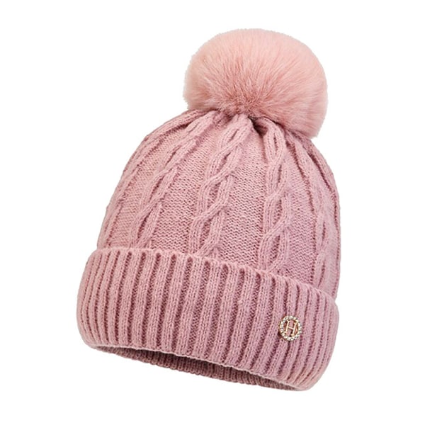 Dam Vinter Pom Bobble Cap Stickad Beanie Hat Thermal Foder Pink