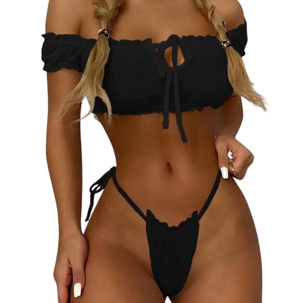 Womens Hollow Bandage Bodysuit Sexig Bowknot One Piece Underkläder Nattkläder Nattkläder Black S