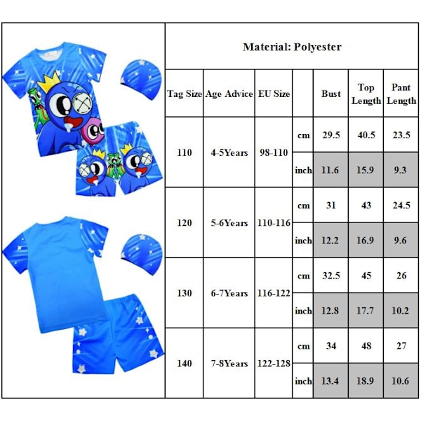 Rainbow Friends Barnkläder för Barn 3-pack Toppar Shorts med Badmössa 110cm