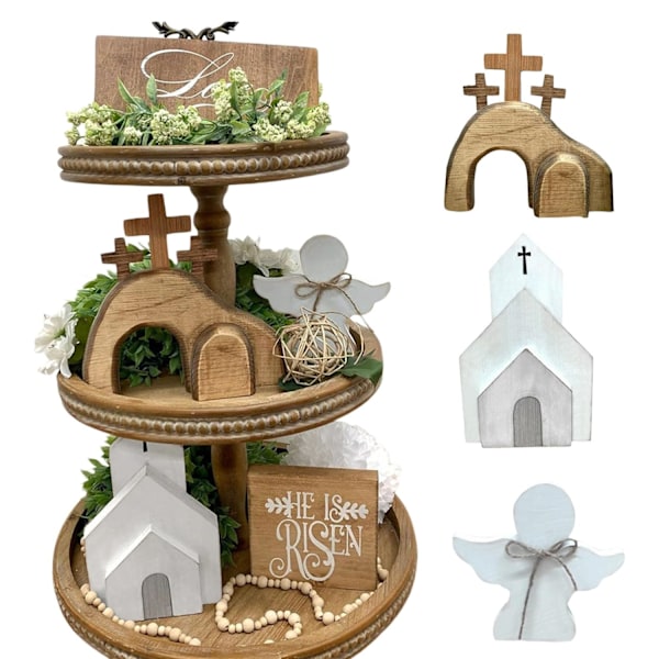 4 st Påskdekorationer Set Trä Påskkors Tom Grav Uppståndelse Scen Ornament