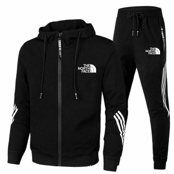 Män Helzippade Tryckt Hoodie Jacka Långa Sweatpants Joggers Sport Gym Tracksuit Set Black L