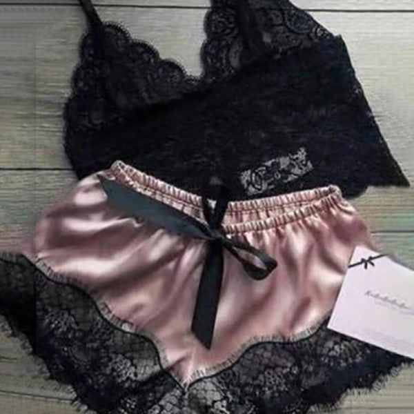 Damernas Öppna Satin Spets Lingerie Nattlinne Babydoll Pyjamas Set pink 2XL