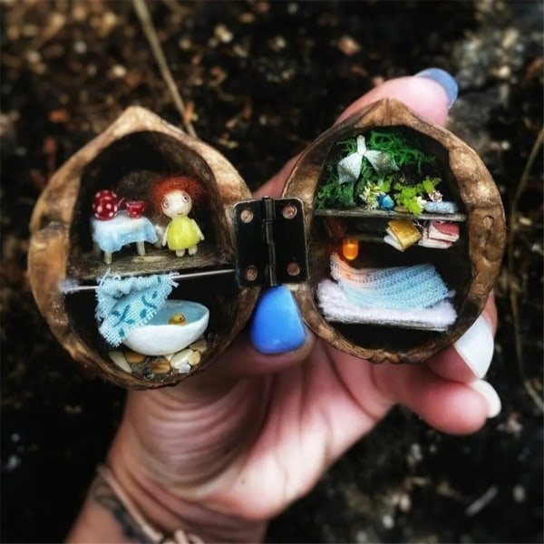 Walnut Shell Doll House-Mini Library Tiny World Inside Valnötter Stock C