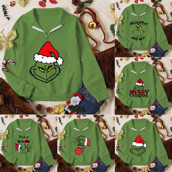 Grinch Dam Casual Långärmad Jultryckt Tröja C S