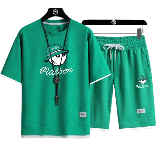 Herr Walf Checks Träningsoverall Set Sportkläder Kortärmad Toppar Shorts Casual Outfits Green M