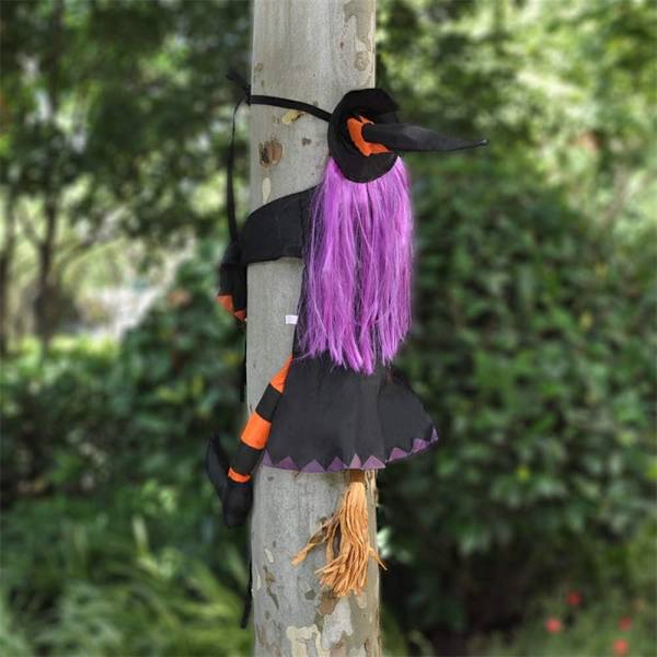 Heks der styrter ned i træ Halloween Flyvende Udendørs Dekoration orange