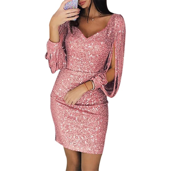 Kvinnors Slit Sleeve Sekvens V-Hals Stealth Klänning Glittrande Fest Bodycon Miniklänningar Pink S