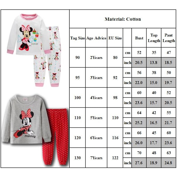 Minnie Pyjamas för små flickor, grafiskt långärmad tröja & byxor, sovkläder, hemmakläder, pyjamas #8 100cm