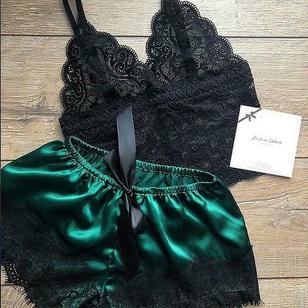 Damernas Öppna Satin Spets Lingerie Nattlinne Babydoll Pyjamas Set dark green M