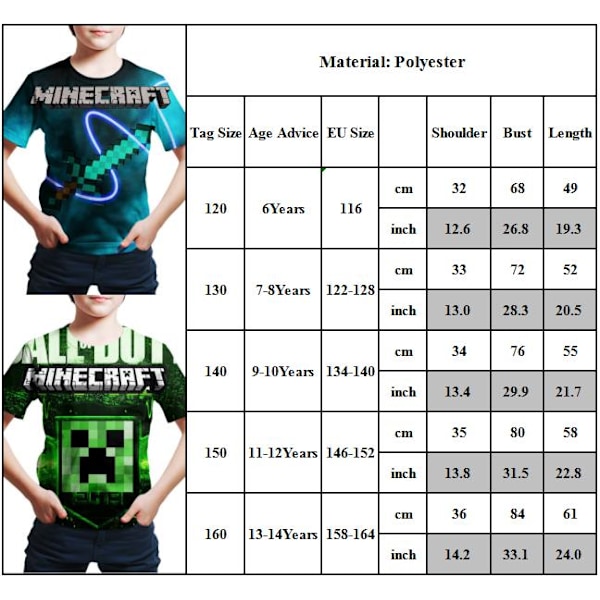 Minecraft 3D-tryckt T-shirt för barn, pojkar, födelsedagspresent, kortärmad topp B 150cm