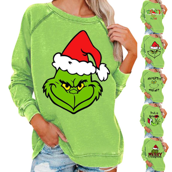 Grinch Jultröja för Kvinnor, Casual Långärmad Blus D 3XL