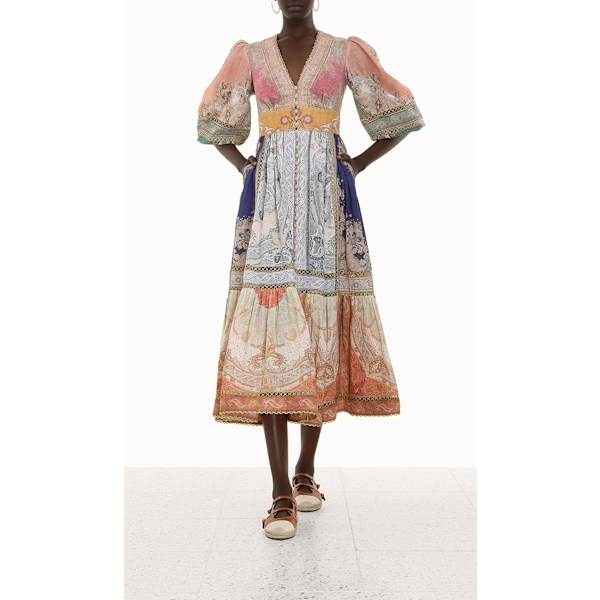 ANNEKE LANTERN MIDI KJOLE 2025 Sommer Ny Dame Mote Temperament Retro V-Hals Knyting Lykt Ermer Enkelkneppet Dame Lang Kjole M