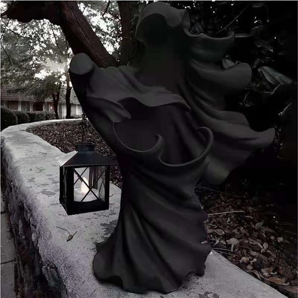 Spøgelsesheks Solcelle Lanterne Statue Halloween Ornamenter Dekorationer Black