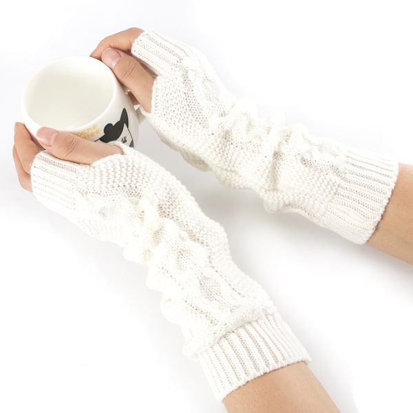 Dame Tommelfingerhul Strikkede Fingerløse Handsker Varmere Vanter Gave White