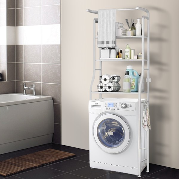 Kylpyhuoneen hylly pyyhekoukulla, seisova hylly 3 koukulla, 3-tasoinen teräksinen pesukoneen hylly, metallinen kylpyhuoneen hylly, WC-säilytyshylly, 161*66cm White