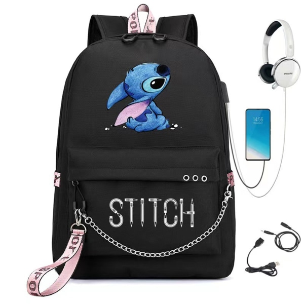 Stitch Ryggsäck Med USB Charging Port Skolväska Anteckningsbokväska