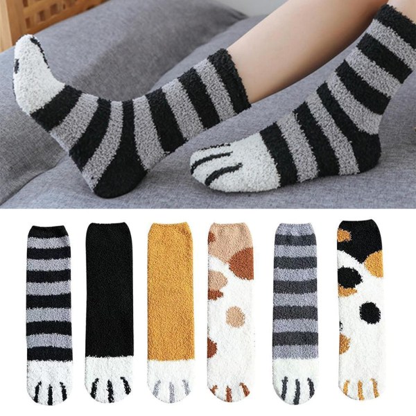 3/5/6 Par Söta Varma Höst- & Vinterstrumpor med Kattpåtassar i 6 Färger Black dots 5PCS