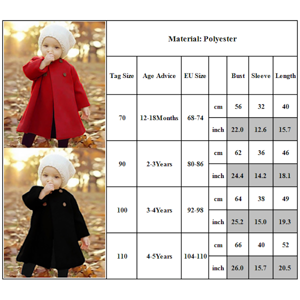 Piger Børn Fleece Trench Kappe Frakke Vinter Varm Jakke Casual Red 3-4 Years