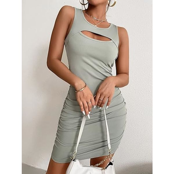 Kvinnors Utskuren Ärmlös Rynkad Ribbad Mini Kort Bodycon Klänning Slank och Sexig Klänning Grå S XL