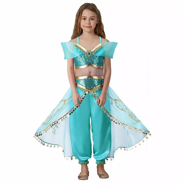 Jurebecia Jasmine Kostym för Flickor Sekvenserad Prinsessan Jasmine Klänning Barnkalas Klänningar Blå Ålder 4-11 År Gammal 140cm