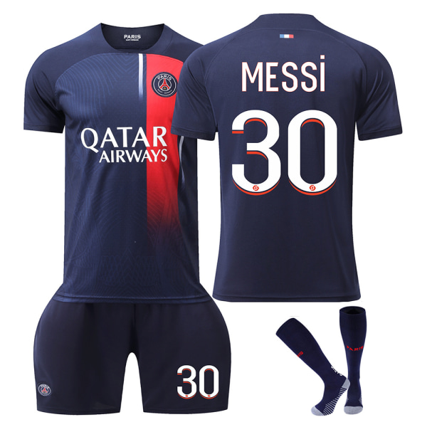 Fotbollströja Set Barn Pojkar Messi #30 Hemma Jersey Träningströja Shorts Strumpor 3-Delat Set 22