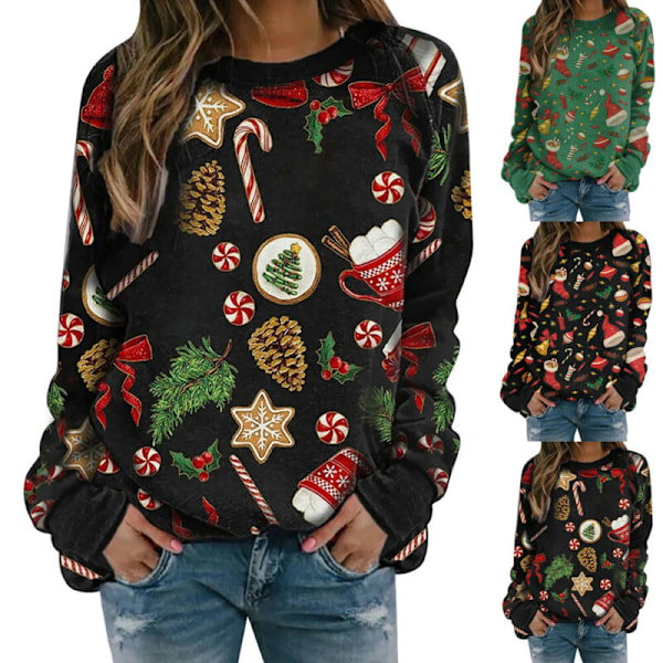 Jultröja för kvinnor med jultryck, långärmad, avslappnad Black Christmas Tree 2XL